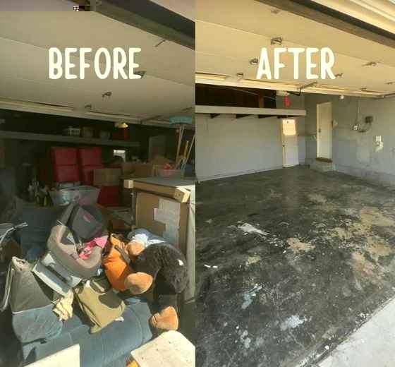 Before and after garage cleanout in Evansville β packed garage cleared to bare floor